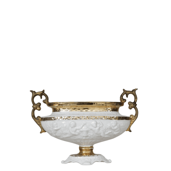 Adorno de porcelana blanco con detalles dorados con asas