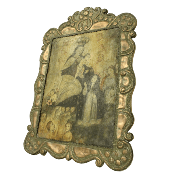 Cuadro antiguo de Santa Rosa y marco de lamina de bronce - Imagen 3