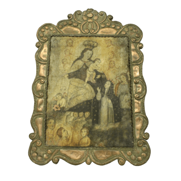 Cuadro antiguo de Santa Rosa y marco de lamina de bronce
