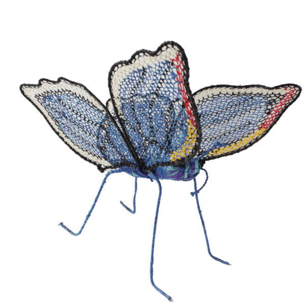 Mariposa Grande azul con detalles blancos, rojo y amarillo en las alas