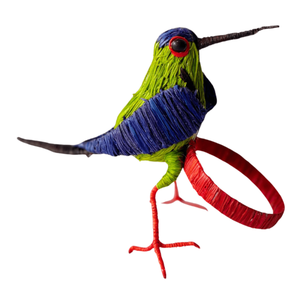 Pajarito color verde limón con alas y cabeza color azul