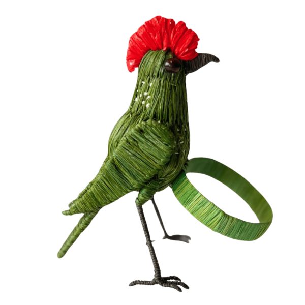 Pajarito verde milita con manchas cremas en espalda y cresta roja aro verde