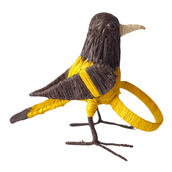 Pajarito marrón oscuro con amarillo