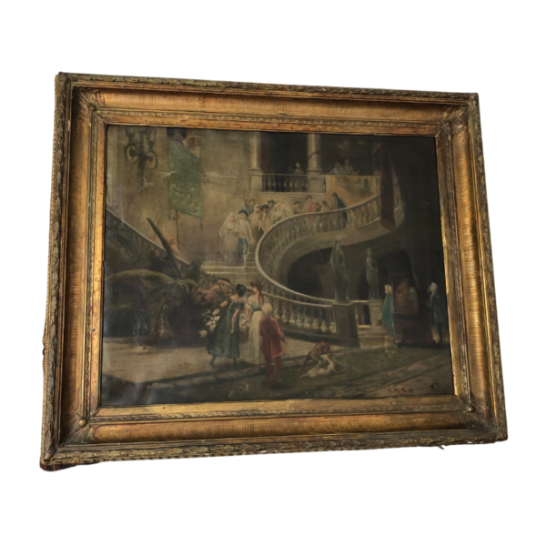 Pintura antiguo representando una bajada de boda marco de madera dorado