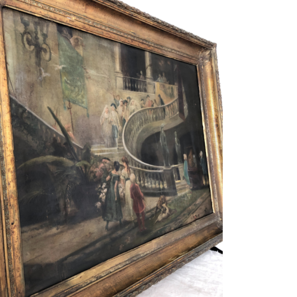 Pintura antiguo representando una bajada de boda marco de madera dorado - Imagen 3
