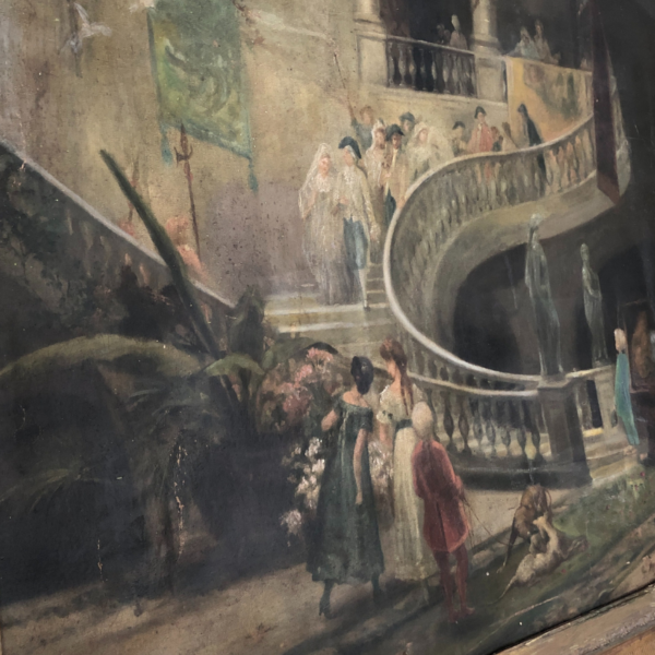Pintura antiguo representando una bajada de boda marco de madera dorado - Imagen 2
