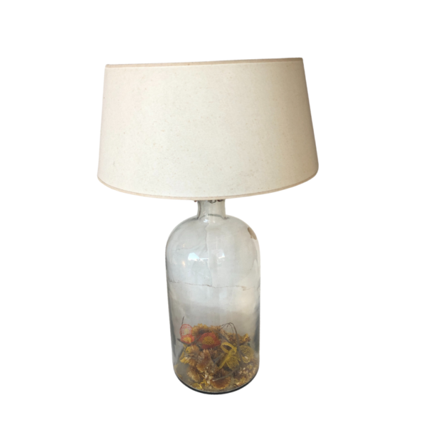 Lámpara con base de botella de vidrio y pantalla en tela