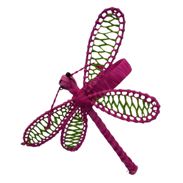 Libelula fucsia con detalle verde en las alas y aro fucsia