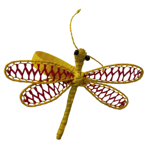 libelula amarilla con detalles rojo en las alas y aro amarillo