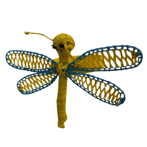 Libelula amarilla con bordes en las alas turquesa y aro amarillo