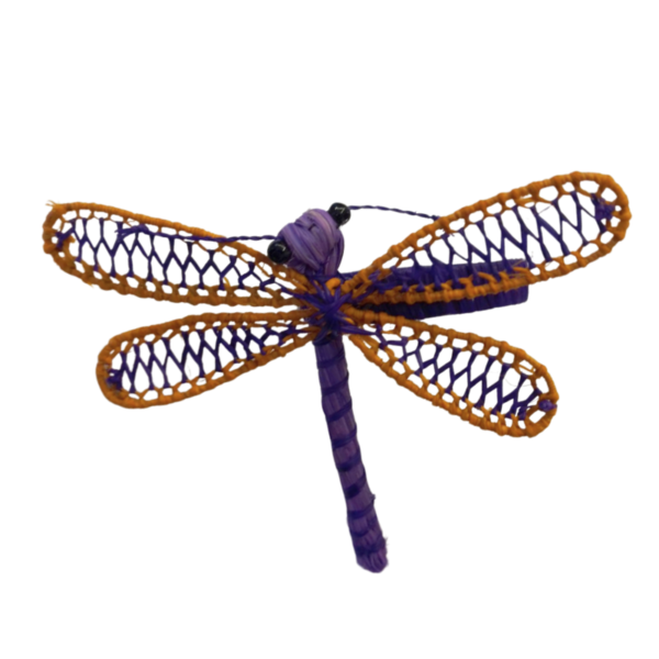Libelula morada con bordes naranjas en las alas y aro morado
