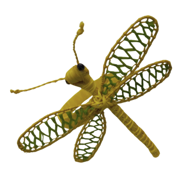 Libelula amarilla con detalles verdes en las alas y aro amarillo