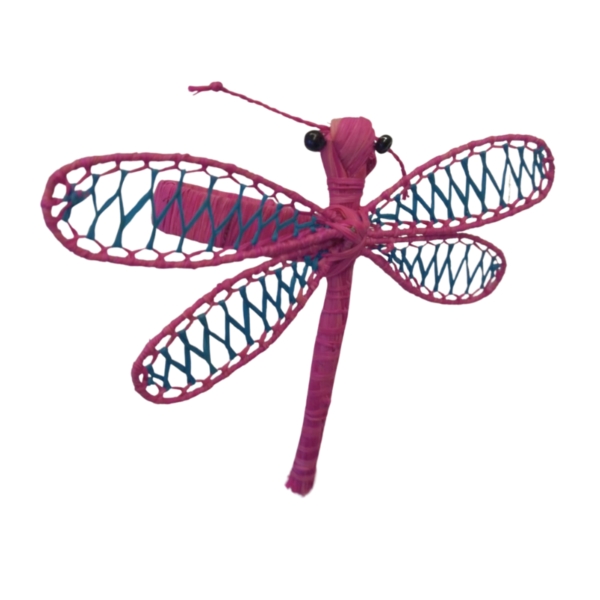 Libelula fucsia con detalles celeste en las alas y aro fucsia