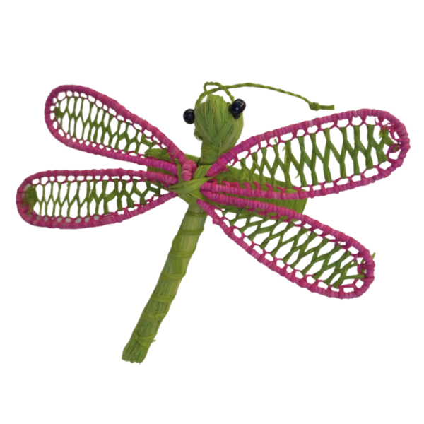 Libelula verde claro con detalle fucsia en los bordes de las alas