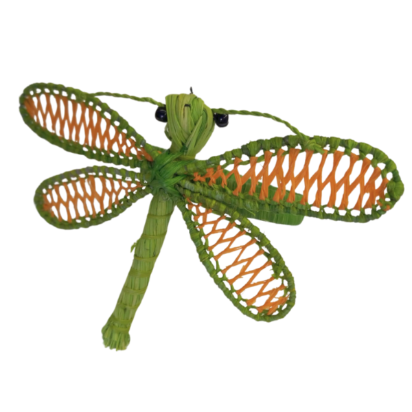 Libelula verde claro en el cuerpo y detalles anaranjas en las alas y aro verde oscuro