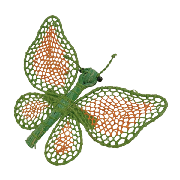 Mariposa verde limon con detalles naranja en alas y aro verde