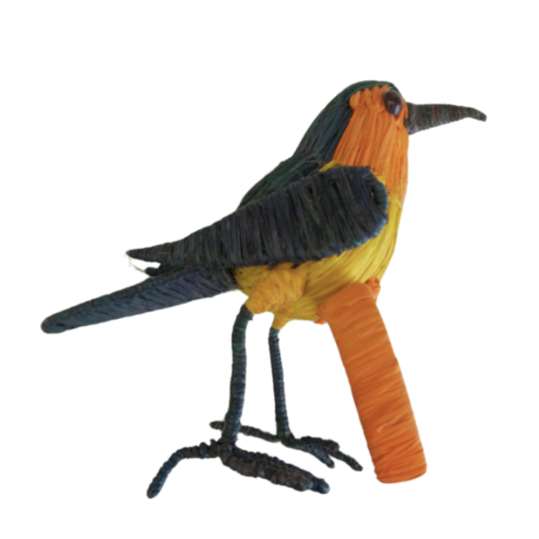 Pajarito verde oscuro con pecho naranja y amarillo y aro naranja
