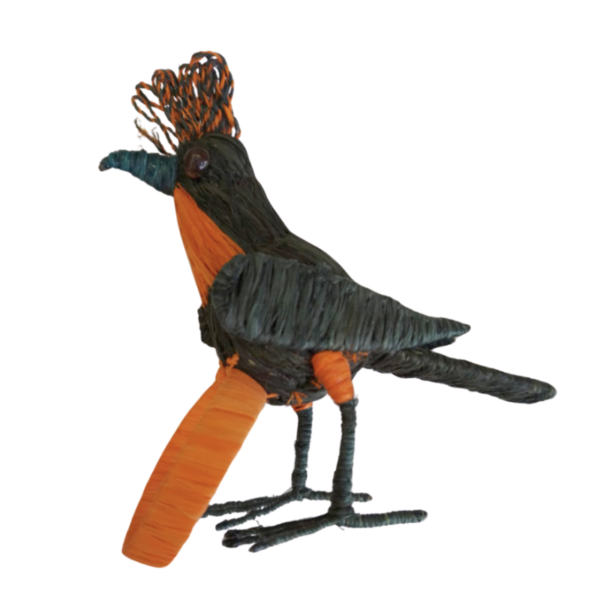 pajarito verde oscuro con pecho naranja y detalles naranja en la cabeza y aro naranja