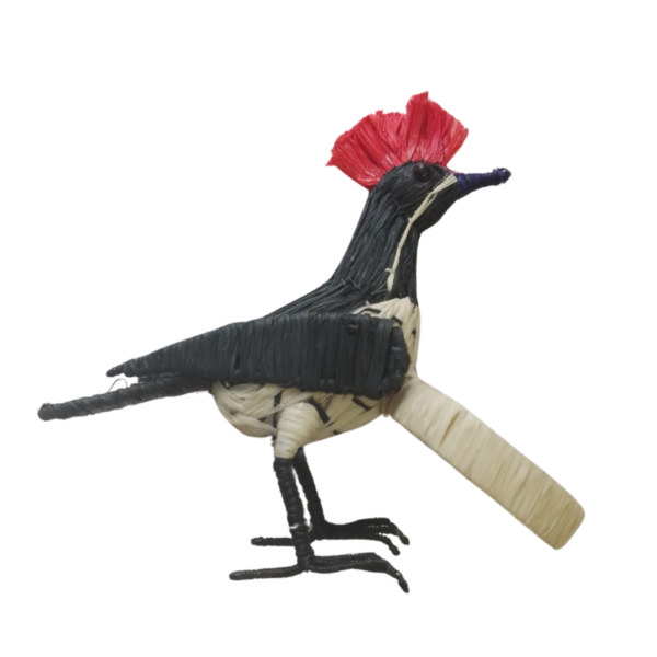 Pajarito negro con pecho crema con puntos y cabeza roja con aro crema
