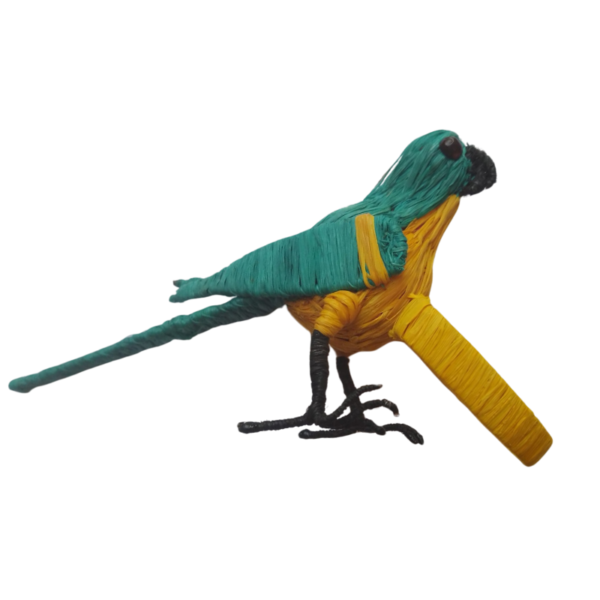 Pajarito turquesa con linea amarilla en las alas y aro amarillo